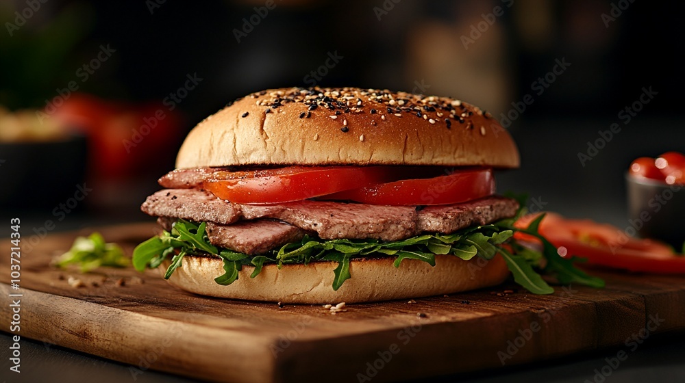 Juicy beef burger with fresh tomato and arugula on sesame bun, served on rustic wooden board. Close-up view highlights texture and layers of gourmet sandwich. Juicy beef burger with fresh tomato and arugula on sesame bun, served on rustic wooden board. Close-up view highlights texture and layers of gourmet sandwich.