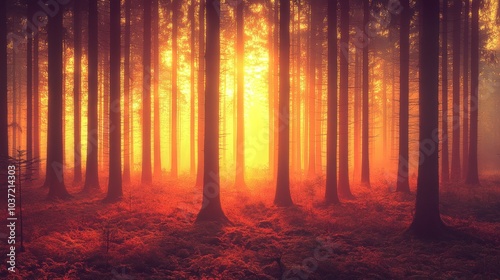 A mystical golden sunrise peeks through the trees of a dense forest, casting a warm glow on the ground.