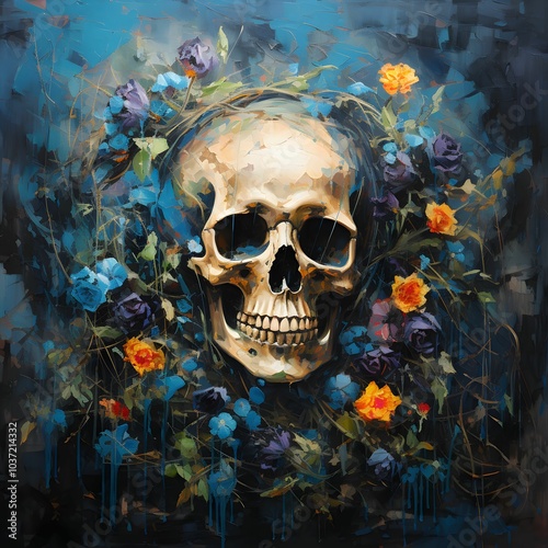 Skull in Floral Wreath