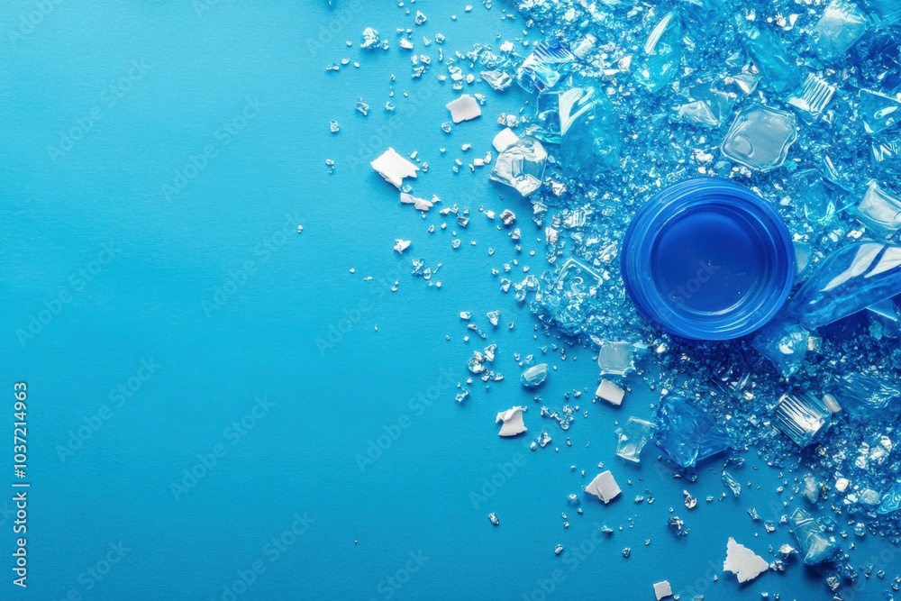Pieces of a blue plastic bottle cap breaking down into microplastic on a blue background Pieces of a blue plastic bottle cap breaking down into microplastic on a blue background