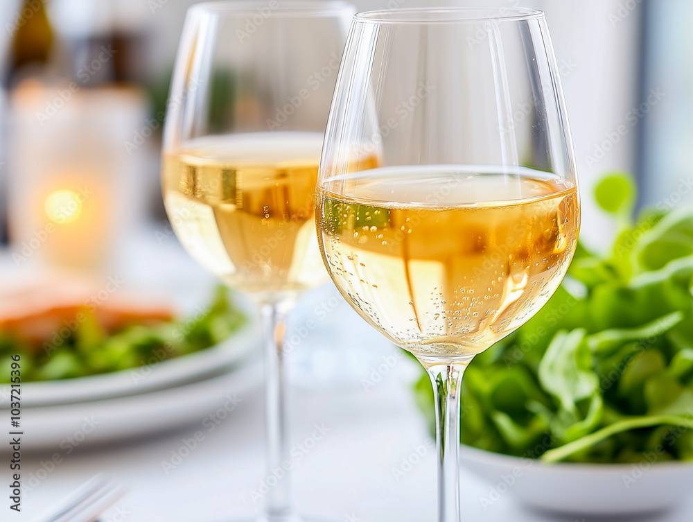 dinner concept for two. two glasses of white wine, baked fish dinner concept for two. two glasses of white wine, baked fish