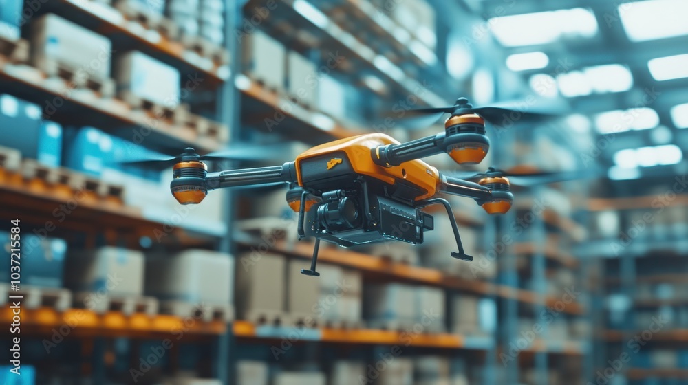 Package delivery drone in action, flying over a warehouse floor filled with products, emphasizing speed and technology.