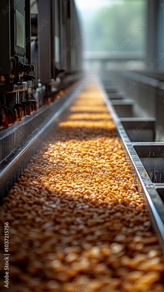 Farro grains being cleaned on conveyor. Farro grains being cleaned on conveyor.