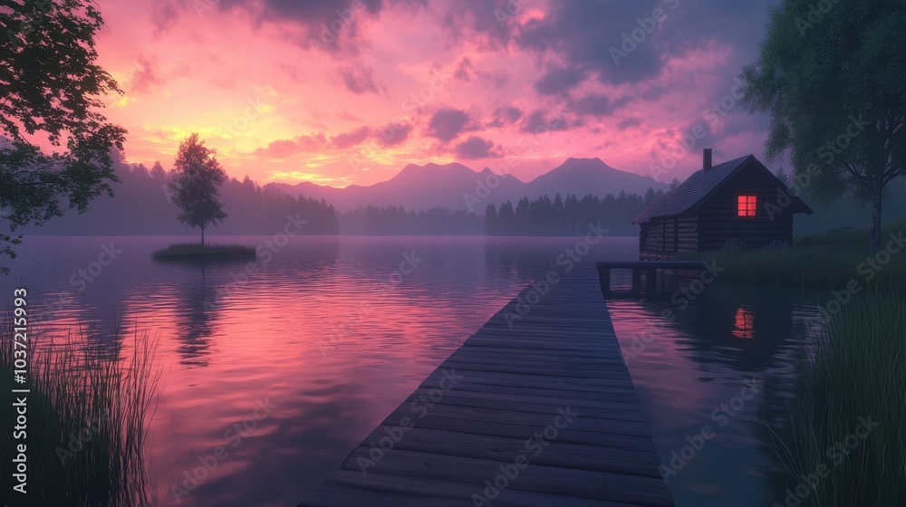 Peaceful evening scene of a cabin on the lake with a wooden dock, gentle ripples in the water, and a colorful sky at dusk. Peaceful evening scene of a cabin on the lake with a wooden dock, gentle ripples in the water, and a colorful sky at dusk.