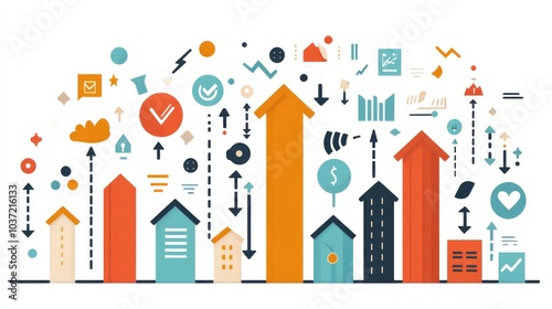 Abstract illustration of upward pointing arrows with houses representing growth, progress, development, or success.