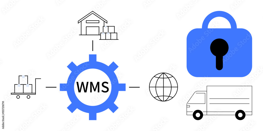 WMS gear with icons for warehouse, lock, globe, delivery and cart. Ideal for logistics, supply chain, automation, global trade, and security. Modern, clean, vector style WMS gear with icons for warehouse, lock, globe, delivery and cart. Ideal for logistics, supply chain, automation, global trade, and security. Modern, clean, vector style