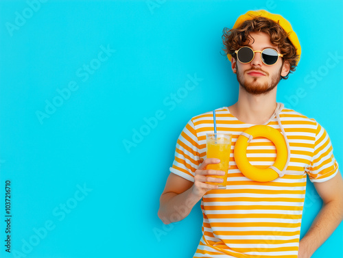 Embarrassed holiday maker drinks cold summer cocktail, spends free time at beach, wears swim cap sailor t shirt, swims with lifebuoy, has surprised expression, models over blue wall with free space #1037216710