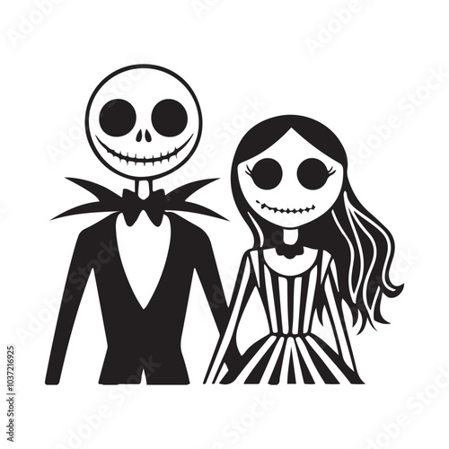 Spooky Skeleton Couple Silhouette: Gothic Romance for Halloween Art