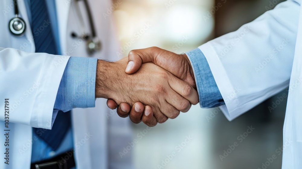 Professional interaction between a doctor and a businessman as they shake hands, framed by the light of a modern office. Professional interaction between a doctor and a businessman as they shake hands, framed by the light of a modern office.