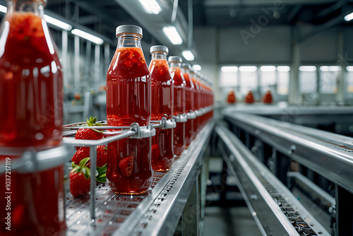 Strawberry juice bottles move along a conveyor belt in a factory