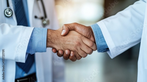 Professional interaction between a doctor and a businessman as they shake hands, framed by the light of a modern office.