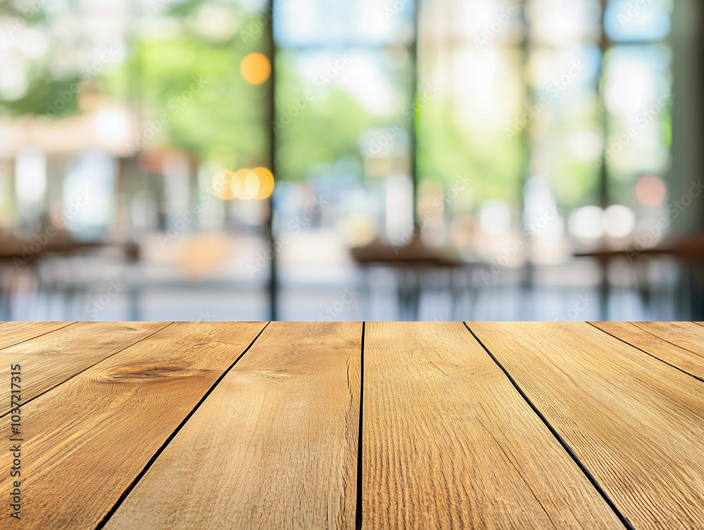 Empty old wood table top and blurred bokeh cafe and coffee shop interior background with vintage filter - can used for display or montage your products