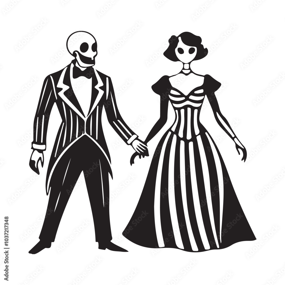 Spooky Skeleton Couple Silhouette: Gothic Romance for Halloween Art