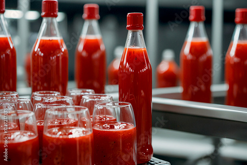 Strawberry juice bottles move along a conveyor belt in a factory