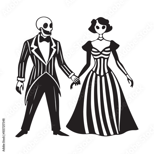 Spooky Skeleton Couple Silhouette: Gothic Romance for Halloween Art