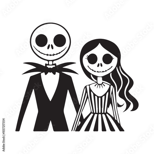 Spooky Skeleton Couple Silhouette: Gothic Romance for Halloween Art
