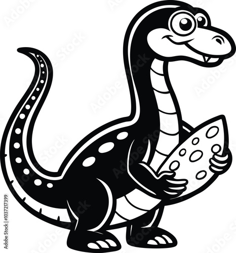 unique Cartoon illustration of a brontosaurus holding a slice of pizza