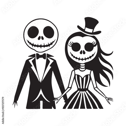 Spooky Skeleton Couple Silhouette: Gothic Romance for Halloween Art
