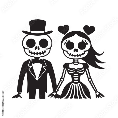 Spooky Skeleton Couple Silhouette: Gothic Romance for Halloween Art