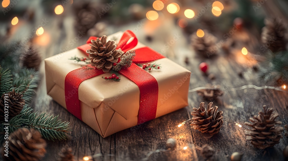 A Christmas Present Wrapped in Brown Paper with a Red Ribbon and Pine Cones A Christmas Present Wrapped in Brown Paper with a Red Ribbon and Pine Cones