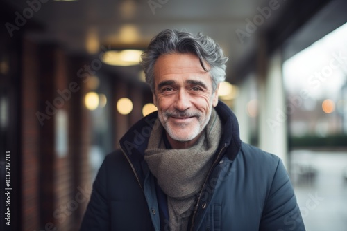 Portrait of handsome mature man with gray hair and beard in the city