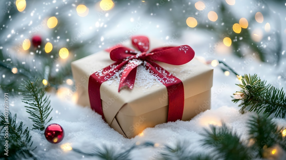 A Christmas Gift Wrapped in Brown Paper with Red Ribbon Under Snowy Pine Branches A Christmas Gift Wrapped in Brown Paper with Red Ribbon Under Snowy Pine Branches