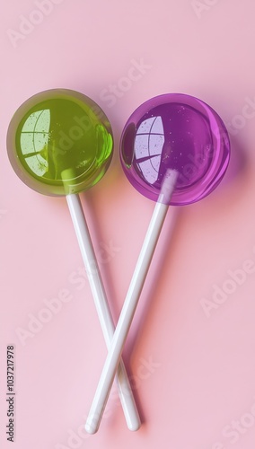 Colorful purple and green lollipops on white sticks for candy themed designs. photo