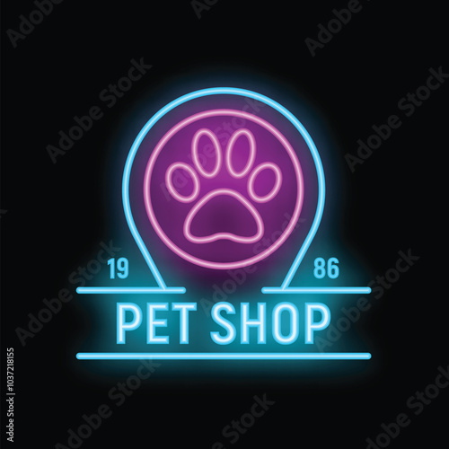 Glowing neon sign with a pink paw print for a pet shop
