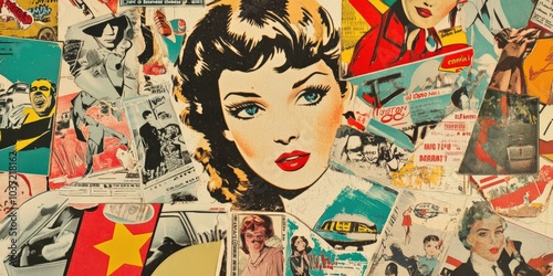 Eclectic retro collage art with vintage magazines and pop culture icons. Vintage pop art collage featuring retro women and comic elements photo