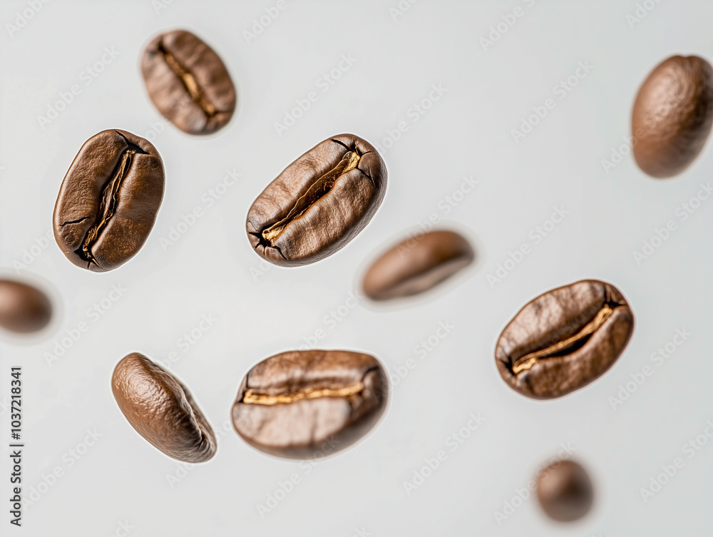 Falling realistic coffee beans isolated on transparent background. Flying defocusing coffee grains. Applicable for cafe advertising, package, menu design 