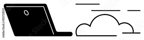 Black silhouette of an open laptop with lines connecting to a cloud. Ideal for cloud computing, technology, data storage, internet services, and digital connectivity. Simple modern design