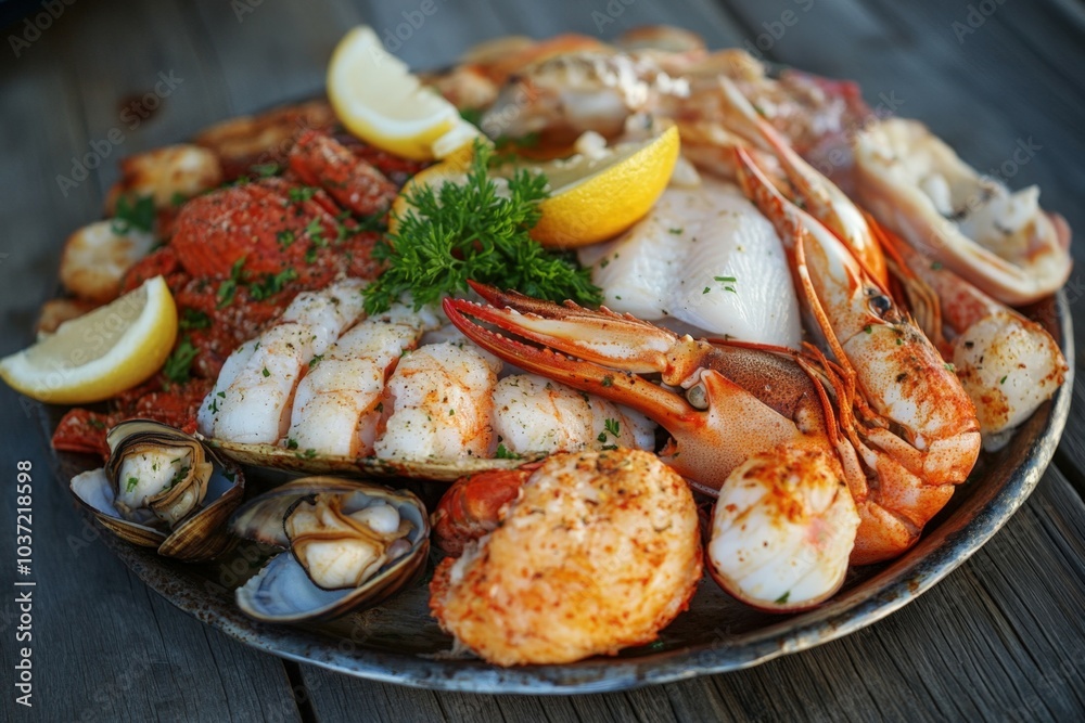 Delicious seafood platter is presented on a rustic wooden table, featuring a tempting arrangement of fresh lobster, prawns, clams, and lemon Delicious seafood platter is presented on a rustic wooden table, featuring a tempting arrangement of fresh lobster, prawns, clams, and lemon