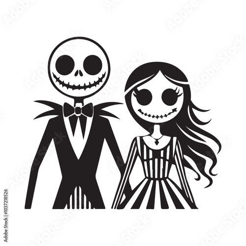 Spooky Skeleton Couple Silhouette: Gothic Romance for Halloween Art