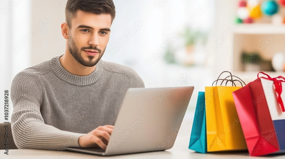 A handsome man in a cozy sweater engaged with his laptop while colorful shopping bags sit beside him A handsome man in a cozy sweater engaged with his laptop while colorful shopping bags sit beside him