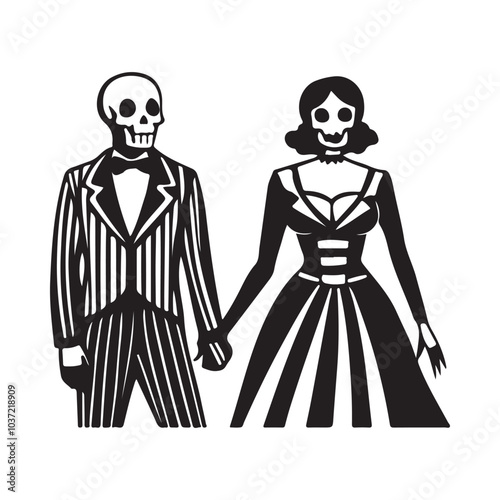 Spooky Skeleton Couple Silhouette: Gothic Romance for Halloween Art