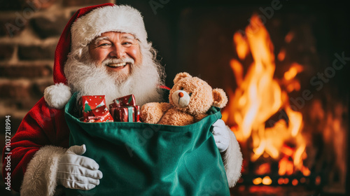 Santa claus joyfully holding gifts and teddy bear by cozy fireplace photo