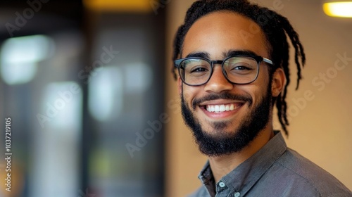 Smiling young business professional with glasses, involved in an office meeting, showcasing a collaborative work atmosphere.