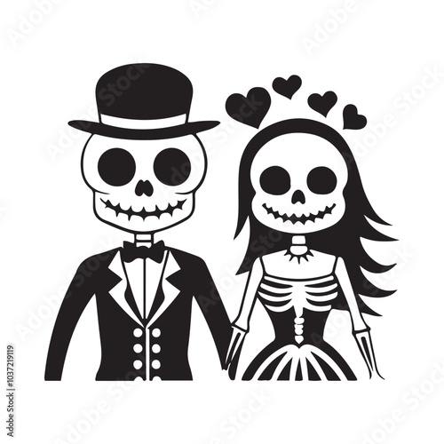 Spooky Skeleton Couple Silhouette: Gothic Romance for Halloween Art