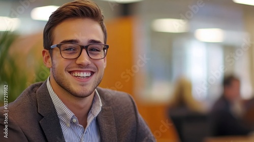 Smiling young business professional with glasses, involved in an office meeting, showcasing a collaborative work atmosphere.