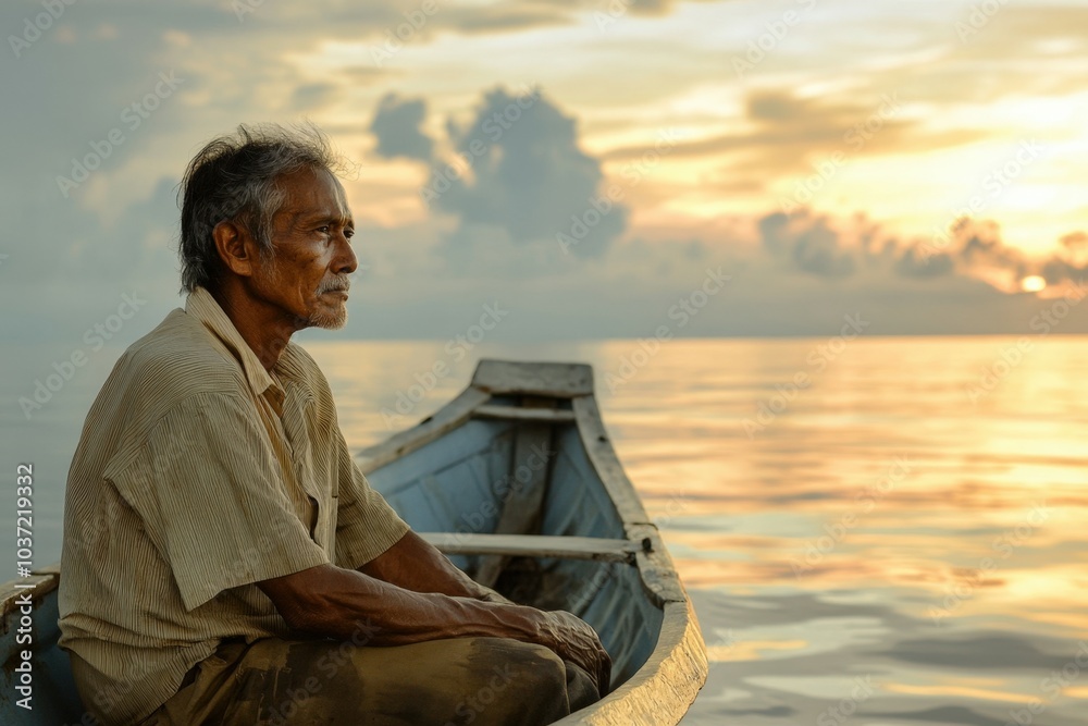 Fisherman is taking a peaceful moment on his boat as the sun sets over the water Fisherman is taking a peaceful moment on his boat as the sun sets over the water