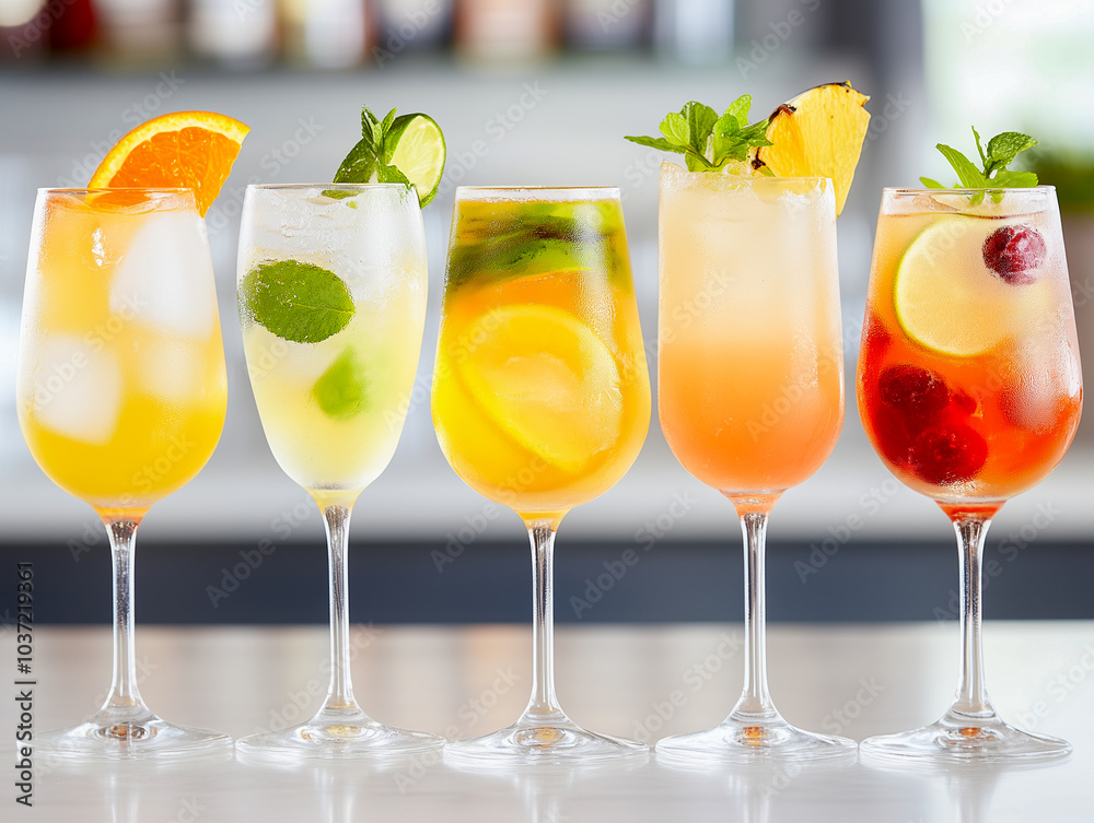Five colorful gin tonic cocktails in wine glasses on bar counter in pup or restaurant Five colorful gin tonic cocktails in wine glasses on bar counter in pup or restaurant
