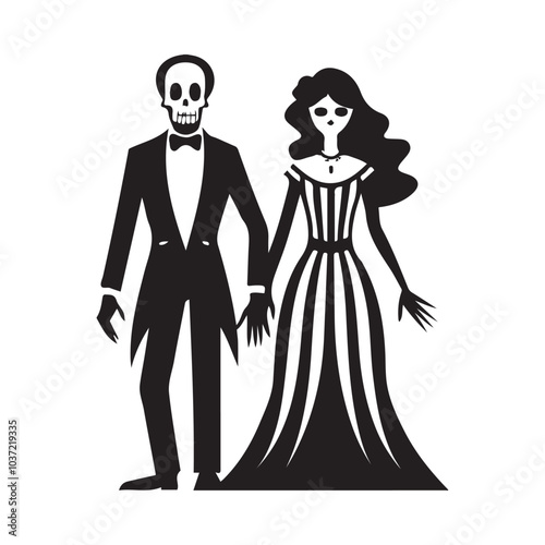 Spooky Skeleton Couple Silhouette: Gothic Romance for Halloween Art