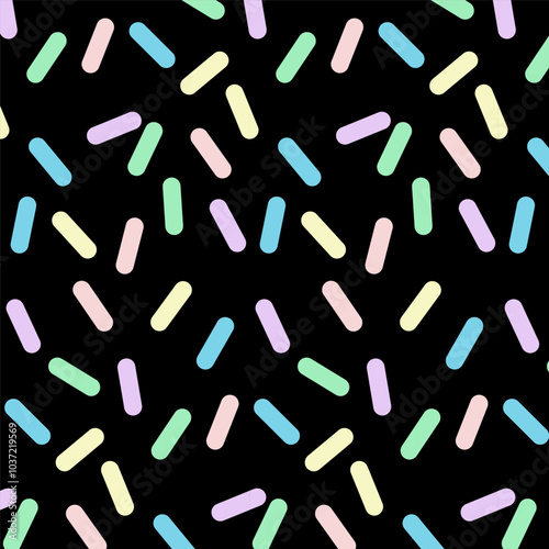 Geometric seamless pattern.Abstract repeat pattern with colorful pastel pills isolated on black background.Vector graphic illustration wallpaper.