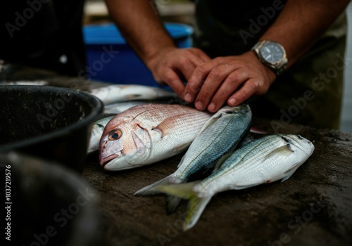 Fisherman is arranging a batch of freshly caught fish on a wooden table