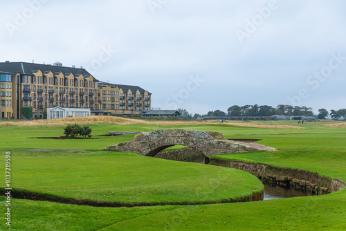 The famous Swilcan bridge on the 18th hole of the Old Course links in St Andrews, Scotland