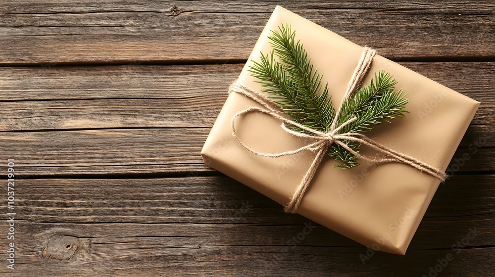 Rustic Brown Gift Box with Pine Branch and Twine on Wooden Background Rustic Brown Gift Box with Pine Branch and Twine on Wooden Background