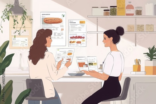 Illustration of Women Discussing Recipes in Kitchen