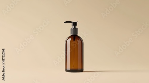 Stylish amber bottle with a pump against a beige background, perfect for branding or product showcase in the cosmetic industry.