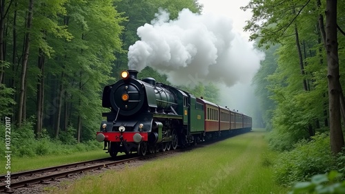 Vintage Steam Train in Lush Green Forest Landscape
