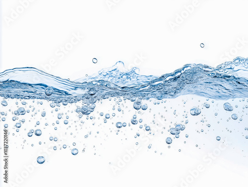 fresh blue natural drink water wave wide panorama with bubbles concept isolated white background 